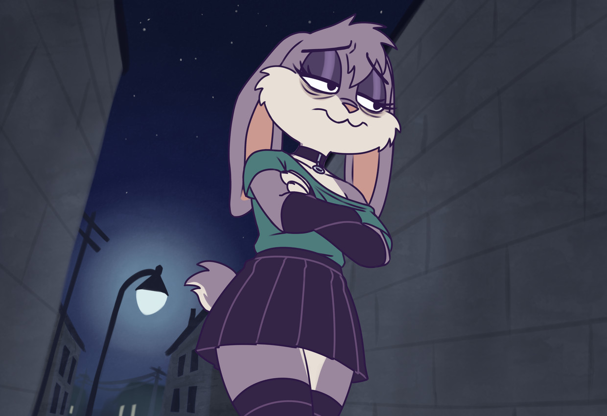 violet bunny walking with arms crossed in a dark city alley, searching for something