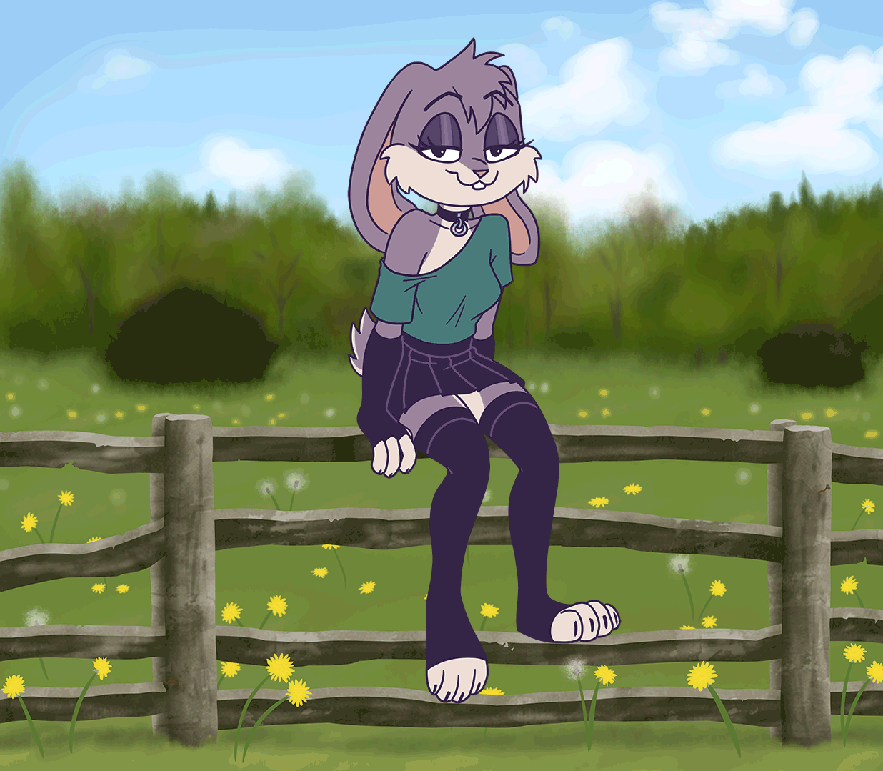 animated loop of violet bunny chilling on a wooden fence in a sunny meadow with feetsies swinging