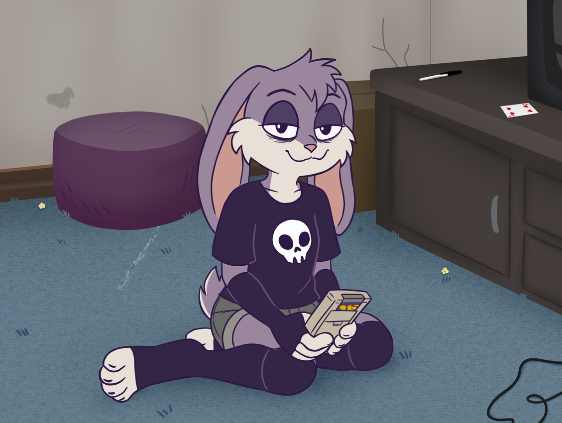 violet bunny sitting on the floor of the basement, playing an old gameboy