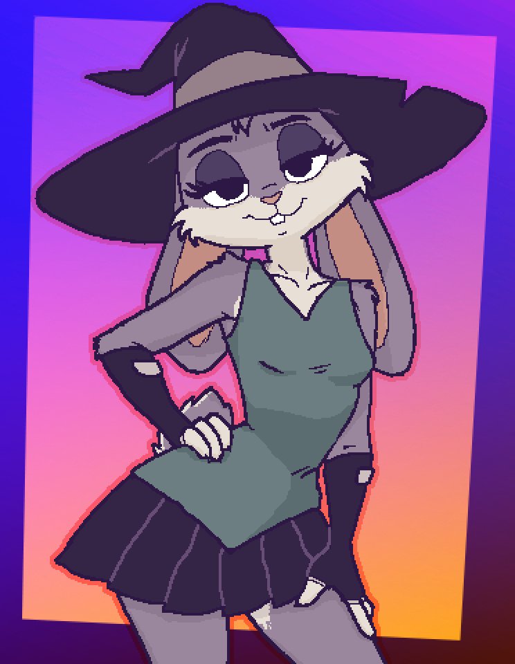 violet bunny in a black witch hat