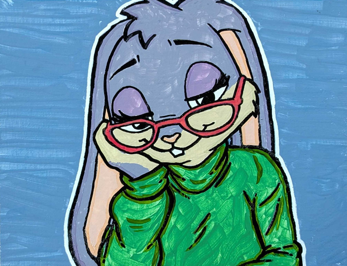 violet bunny covering up for mire at the library