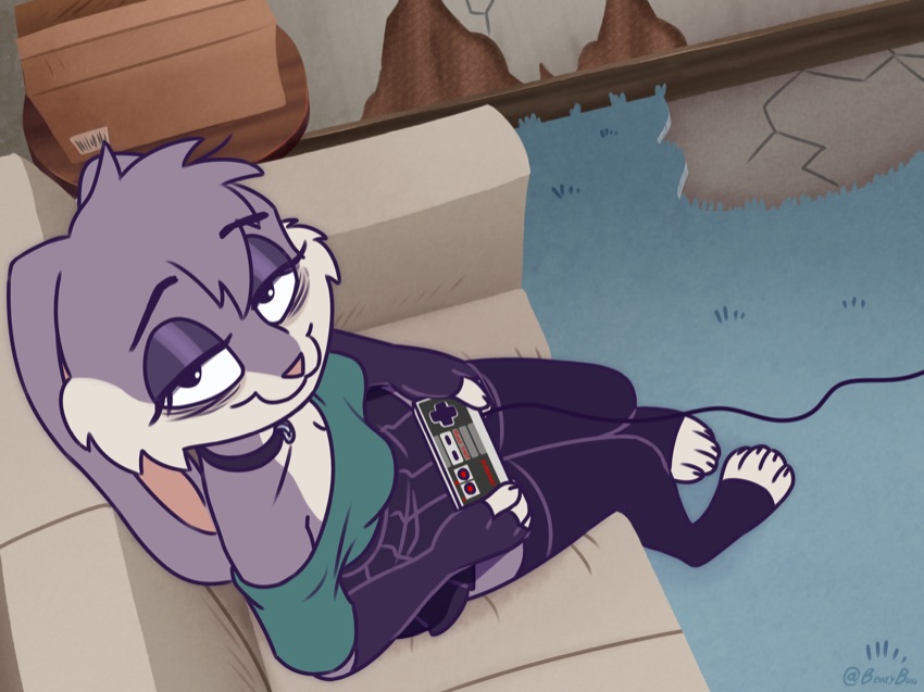 violet bunny sitting on a couch, playing some old nes game