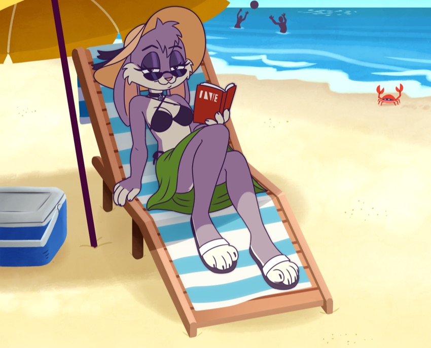 violet bunny lounging in a beach chair under an umbrella, reading a book in a bikini top, sun hat and sunglasses