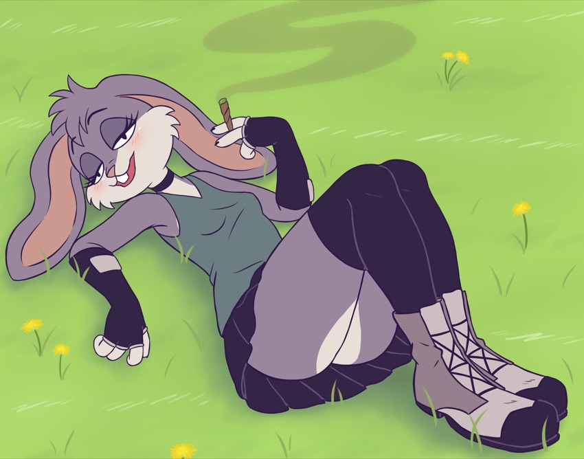 violet bunny chilling in a grassy field surrounded by dandelions, smoking a fat one and enjoying life