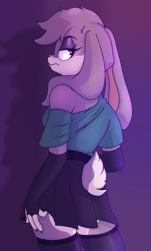 violet bunny looking back at you