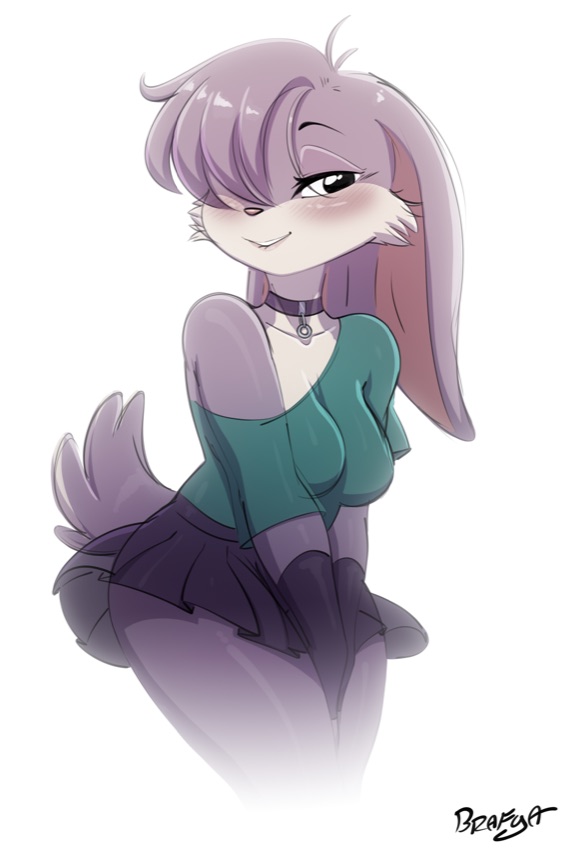 violet bunny holding her skirt down