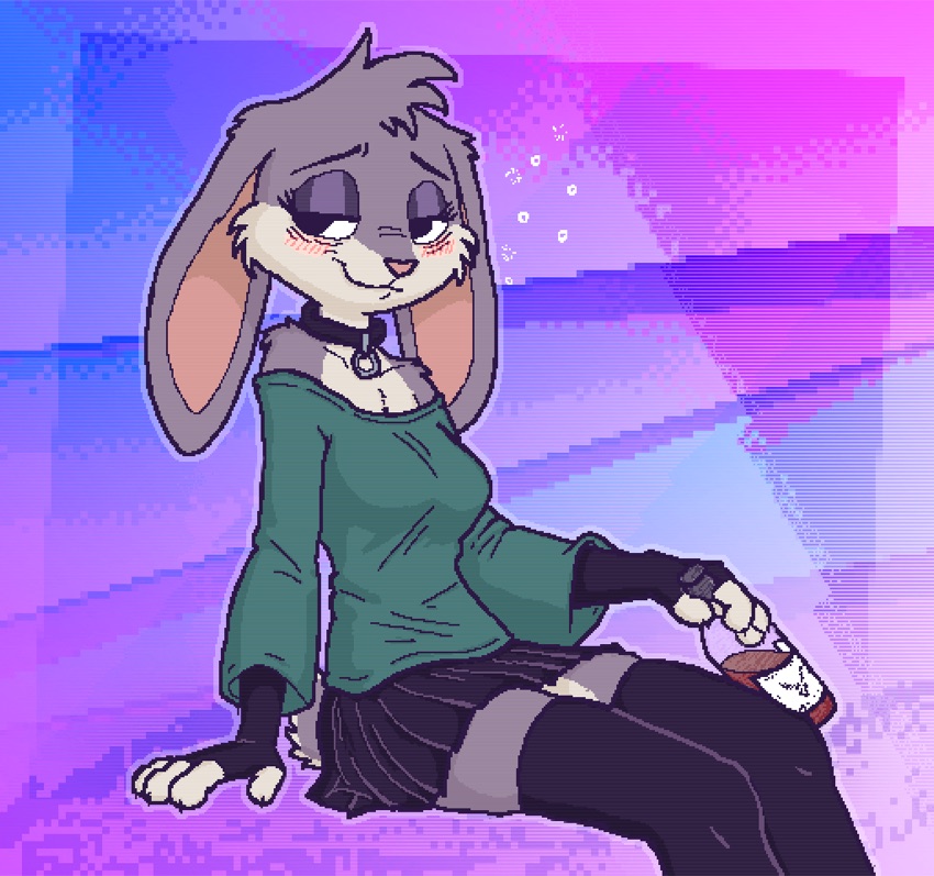 violet bunny drinking from a wine bottle